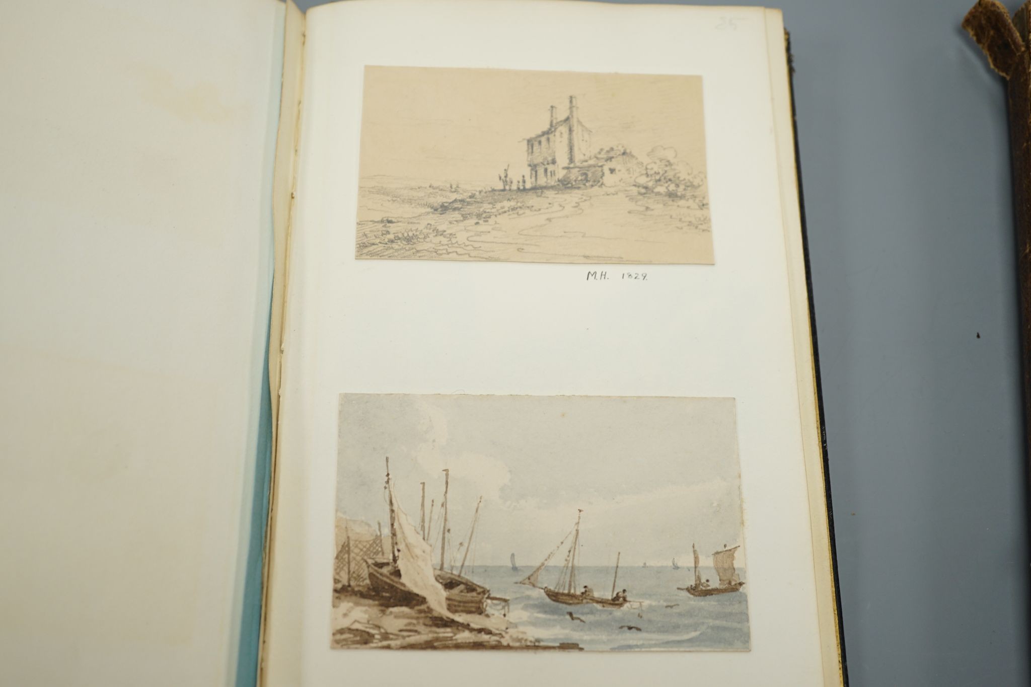 An album of 38 late 18th/early 19th century watercolour and pencil sketches by various hands, including two en grisaille, of Greek temples, by George Stanley Cary (1780-1822), others by Lady Mordaunt (1848-1906), John St